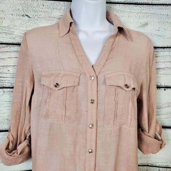 Perception Concept Mauve Roll Tab Sleeve Button Down Blouse Women’s Medium - Picture 2 of 6